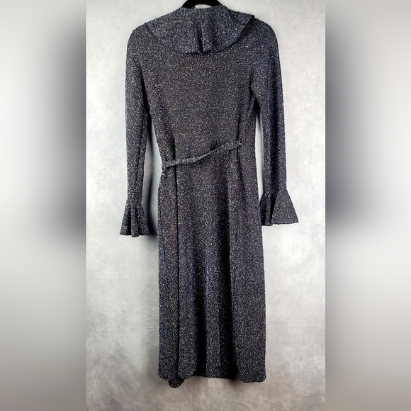 Free‎ People One more time Blue Black Shimmer Ruffle Fluence Midi wrap dress XS - Picture 7 of 13